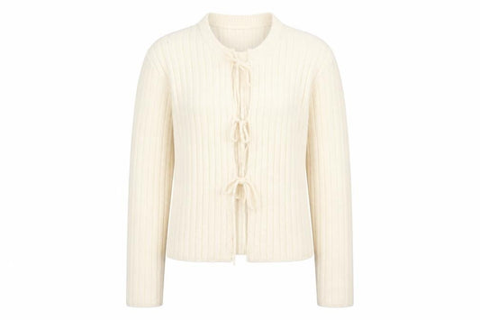 Front view of Next Women Ivory Ribbed Knit Tie Front Cardigan, size 14
