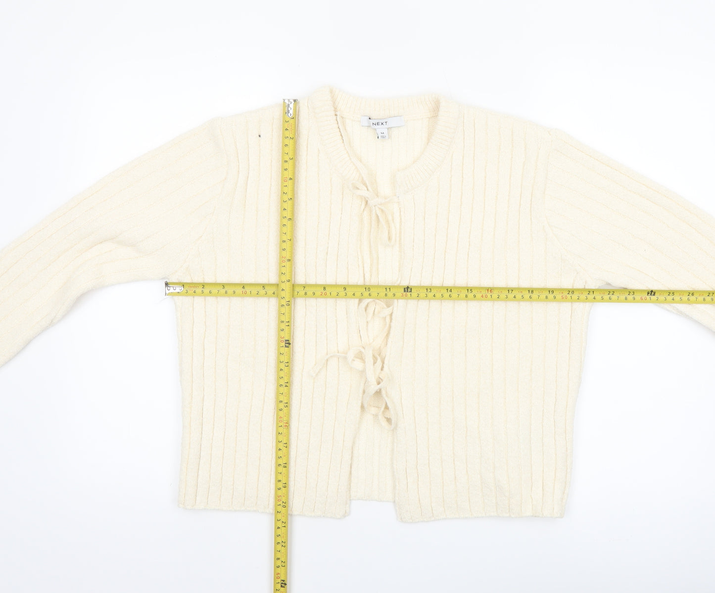 Next Women Ivory Ribbed Knit Tie Front Cardigan Size 14