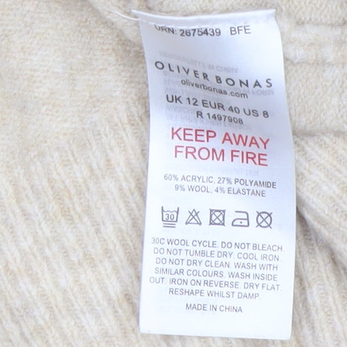 Oliver Bonas Women Beige Hooded Knit Jumper UK 12 Relaxed Fit