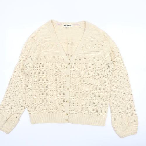 Boden Women Beige Cotton V-Neck Cardigan M Long Sleeve Knit