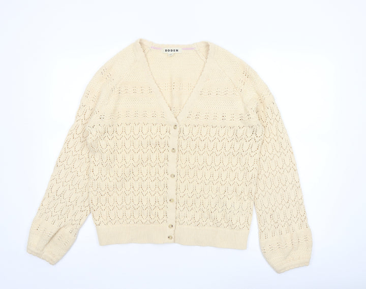 Boden Women Beige Cotton V-Neck Cardigan M Long Sleeve Knit