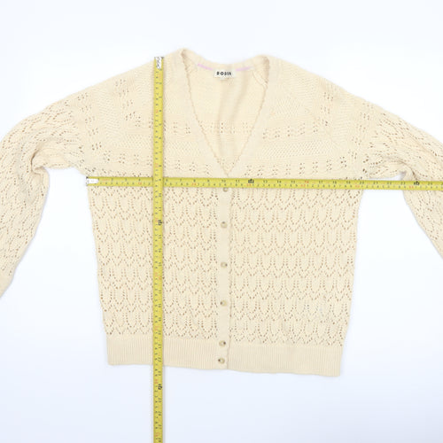 Boden Women Beige Cotton V-Neck Cardigan M Long Sleeve Knit