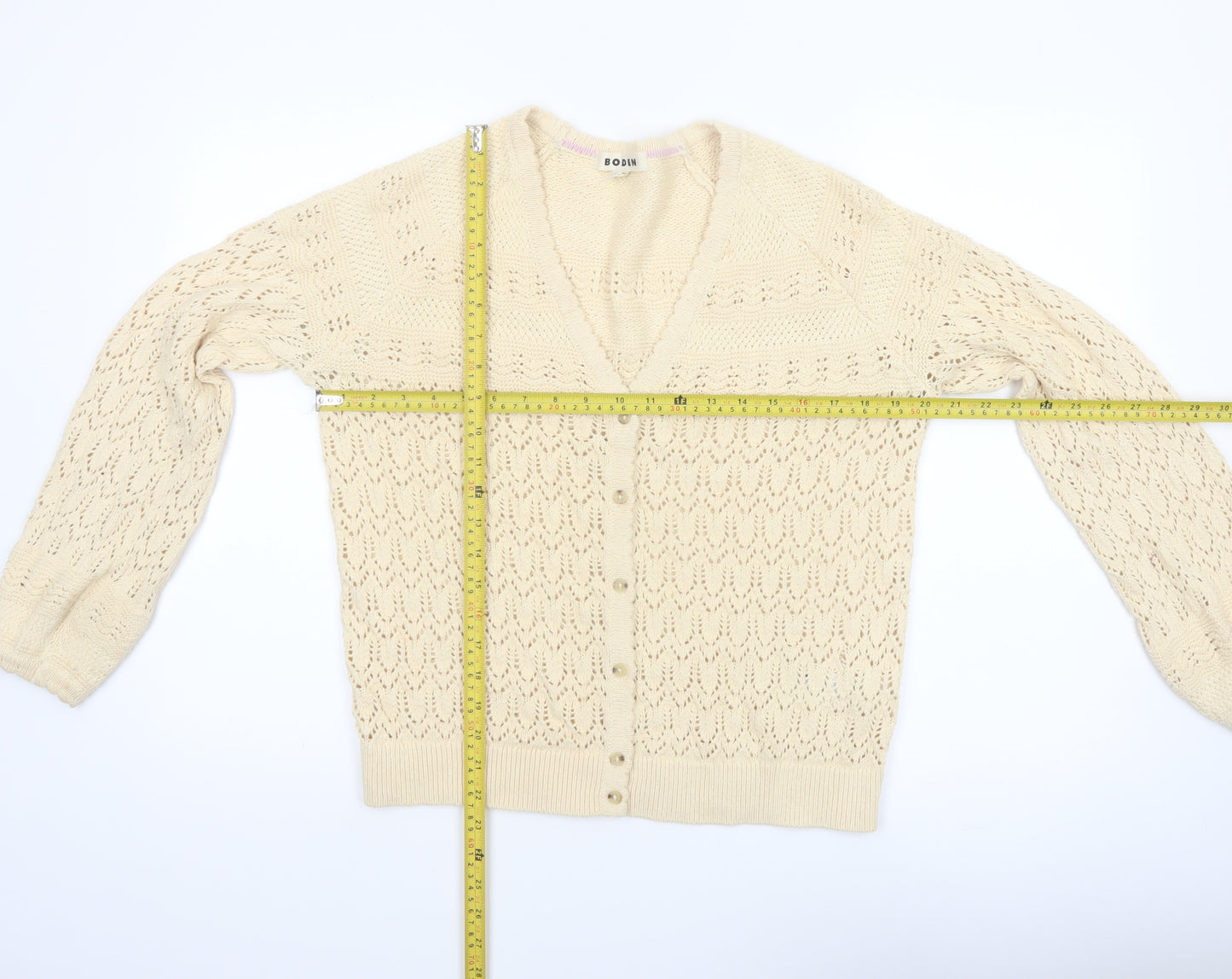 Boden Women Beige Cotton V-Neck Cardigan M Long Sleeve Knit