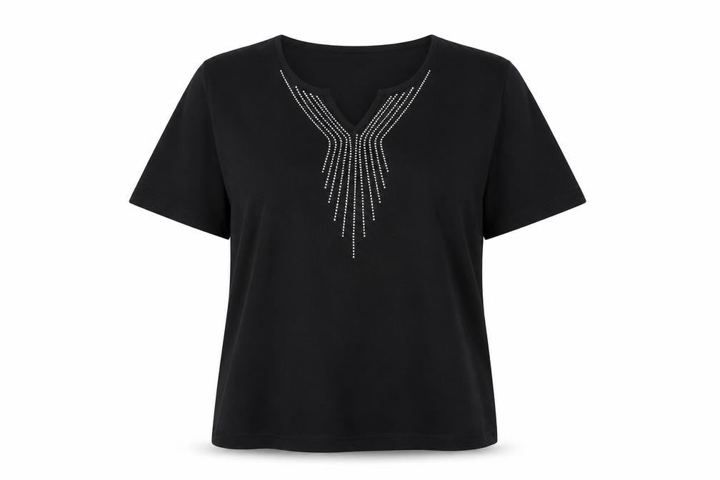Roman Originals Women's Black L Basic Beaded V-Neck T-Shirt