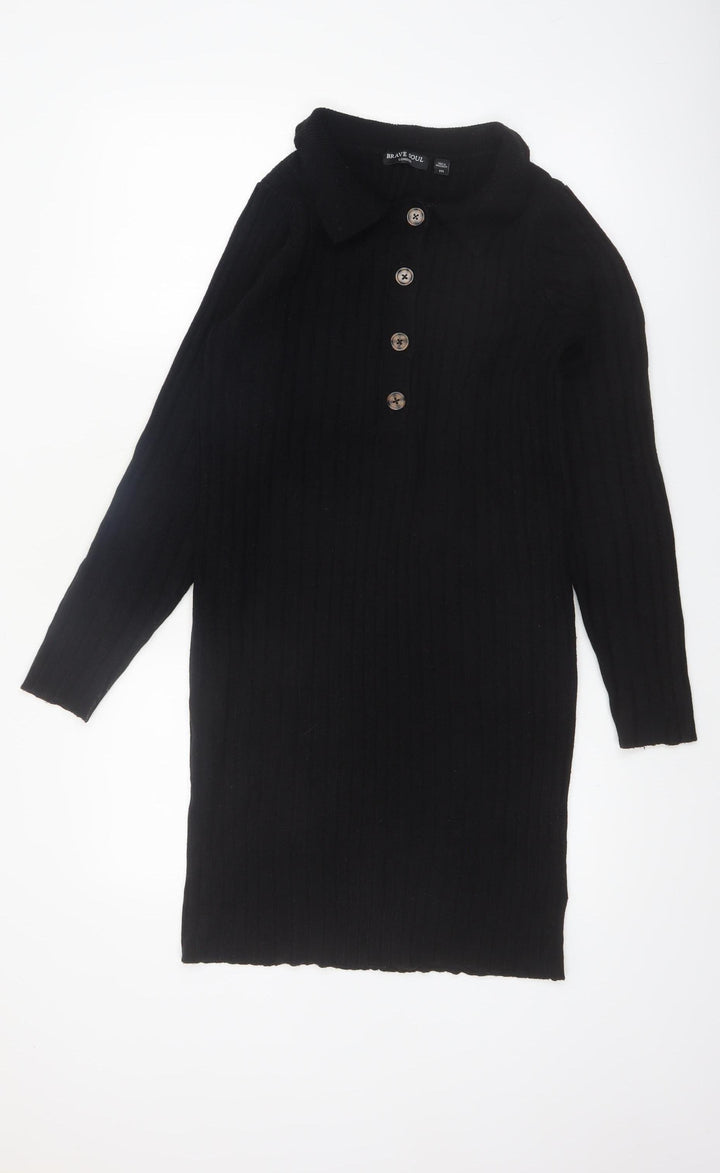 Brave Soul Women's Black Knit Collared Long Sleeve Shirt Dress M