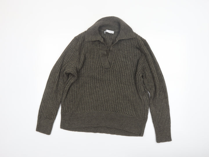 Zara Women’s Brown Collared Chunky Knit Pullover Jumper Size 12