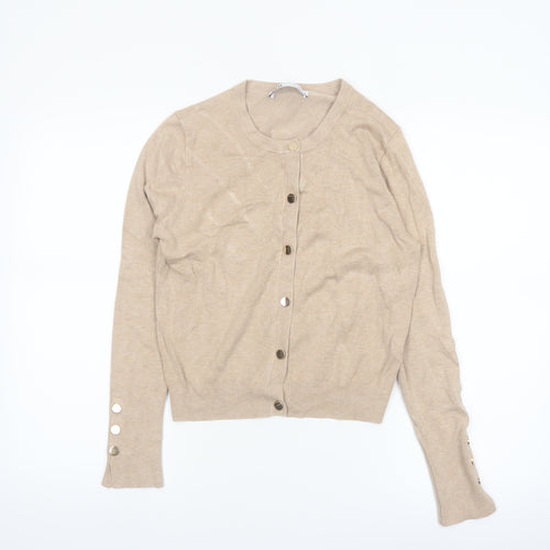 Zara Women Beige Knit Cardigan Size 12 Crew Neck Button Front