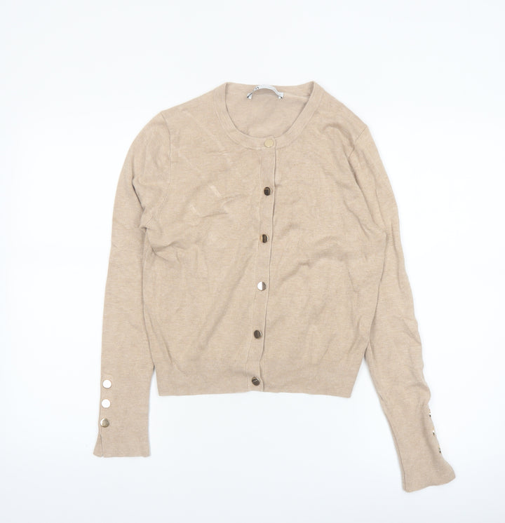 Zara Women Beige Knit Cardigan Size 12 Crew Neck Button Front