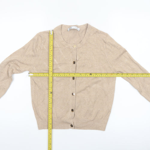 Zara Women Beige Knit Cardigan Size 12 Crew Neck Button Front