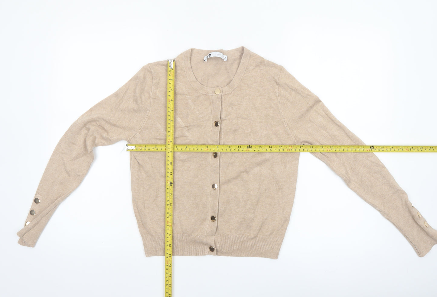 Zara Women Beige Knit Cardigan Size 12 Crew Neck Button Front