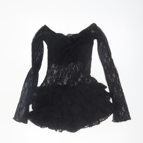 PrettyLittleThing Womens Black Lace Long Sleeve Playsuit UK 6