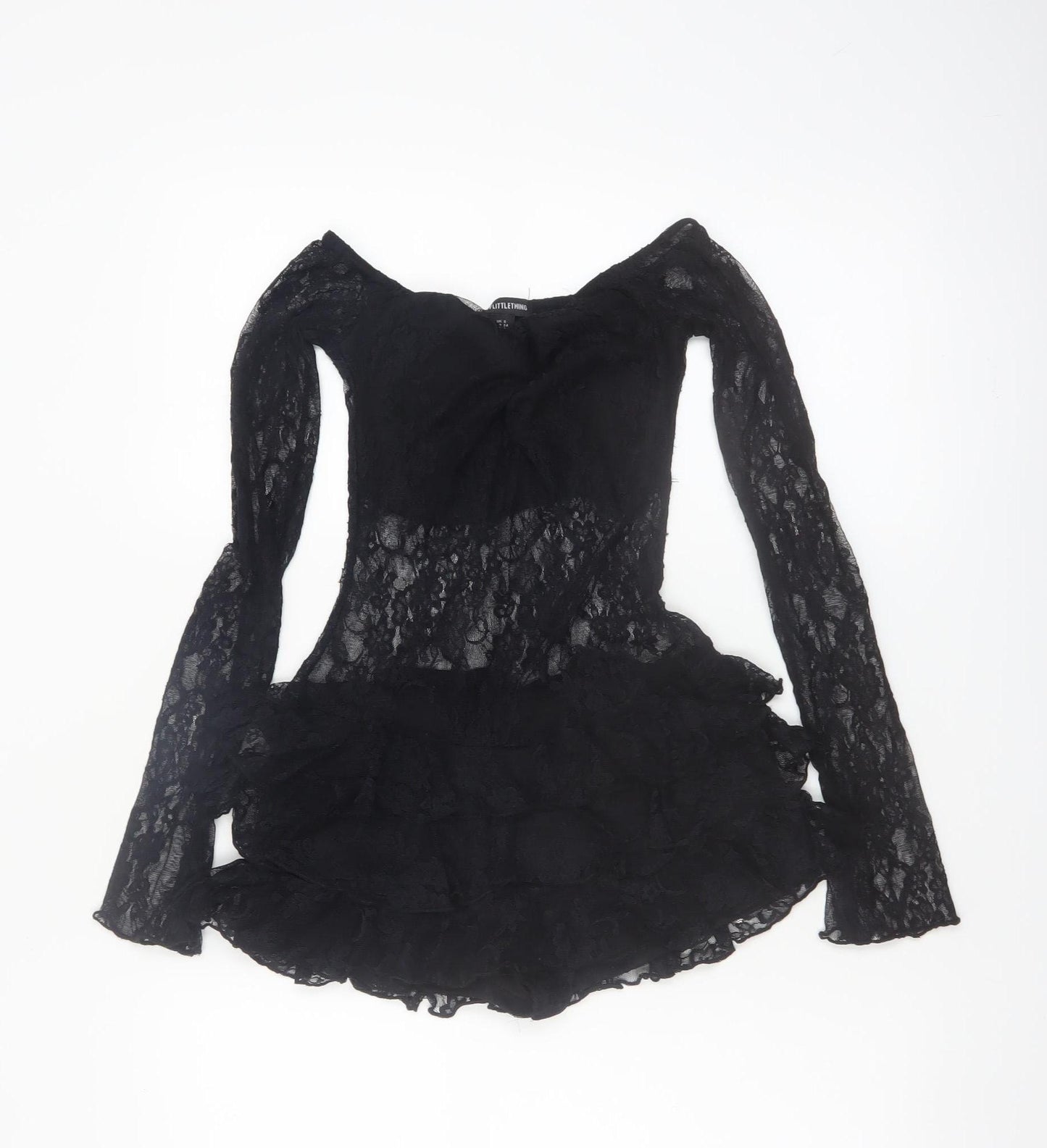 PrettyLittleThing Womens Black Lace Long Sleeve Playsuit UK 6