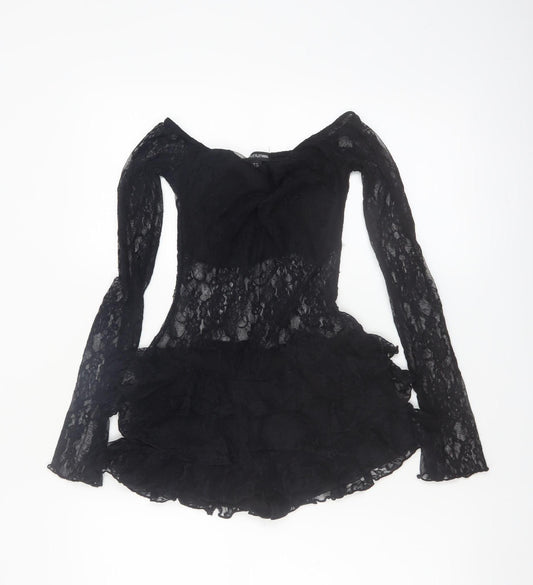 PrettyLittleThing Womens Black Lace Long Sleeve Playsuit UK 6