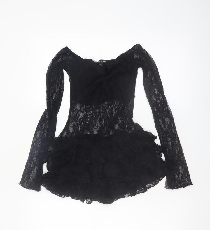 PrettyLittleThing Womens Black Lace Long Sleeve Playsuit UK 6