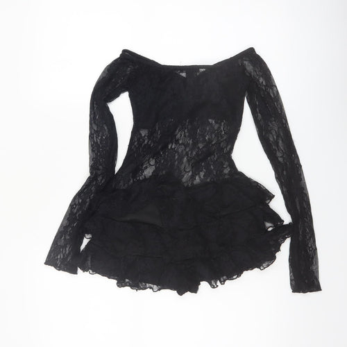 PrettyLittleThing Womens Black Lace Long Sleeve Playsuit UK 6