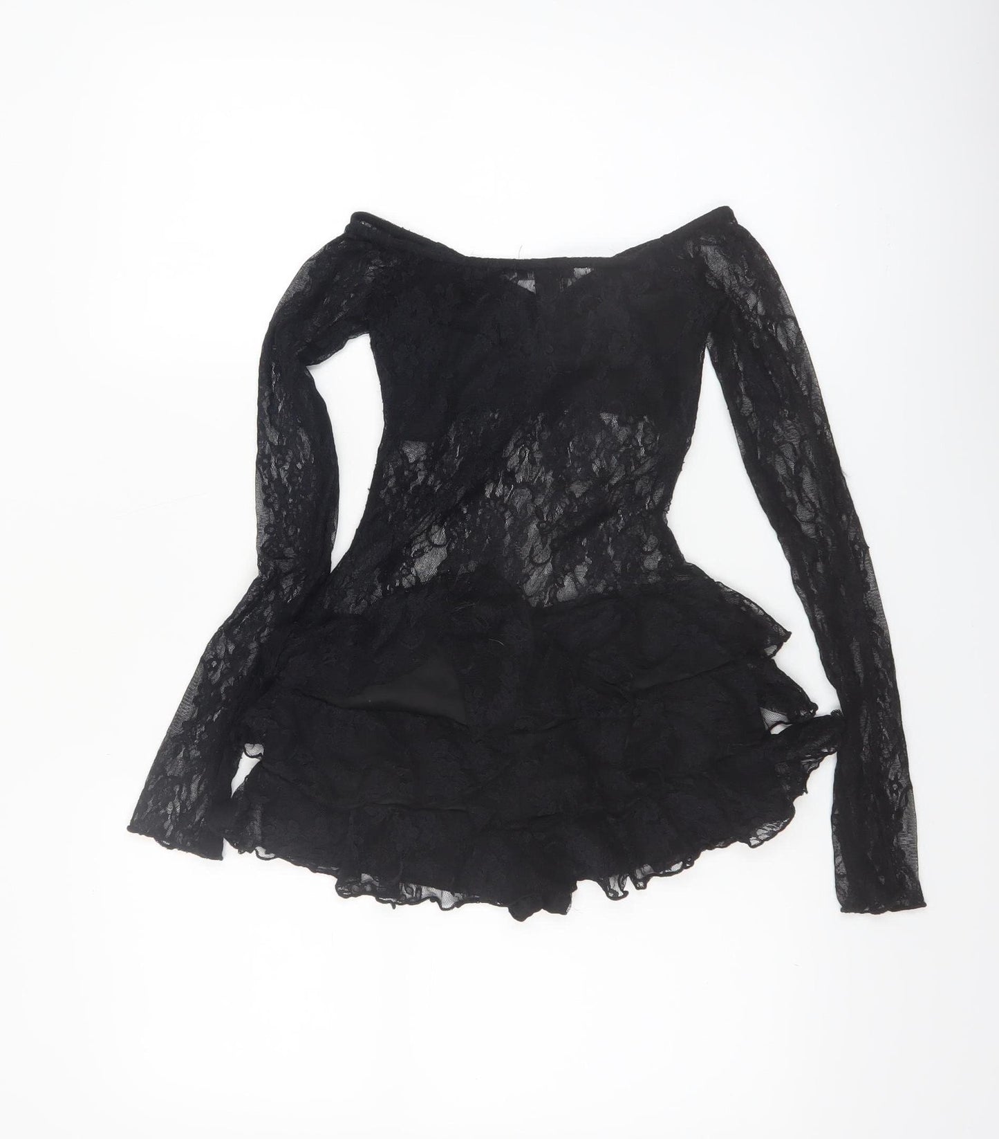 PrettyLittleThing Womens Black Lace Long Sleeve Playsuit UK 6