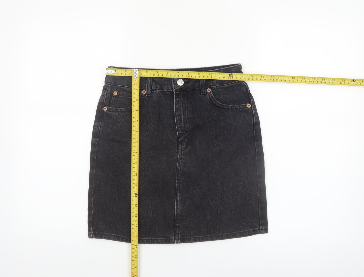 Topshop Women Black Denim Short Skirt Size 6 High Waist Pencil