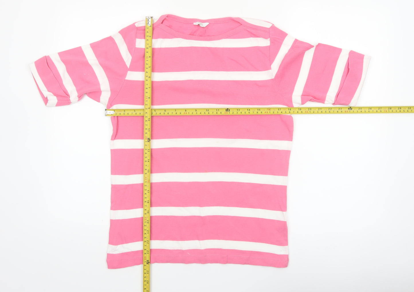 Cotton Traders Women's Pink White Striped 3/4 Sleeve Cotton T-Shirt UK 14