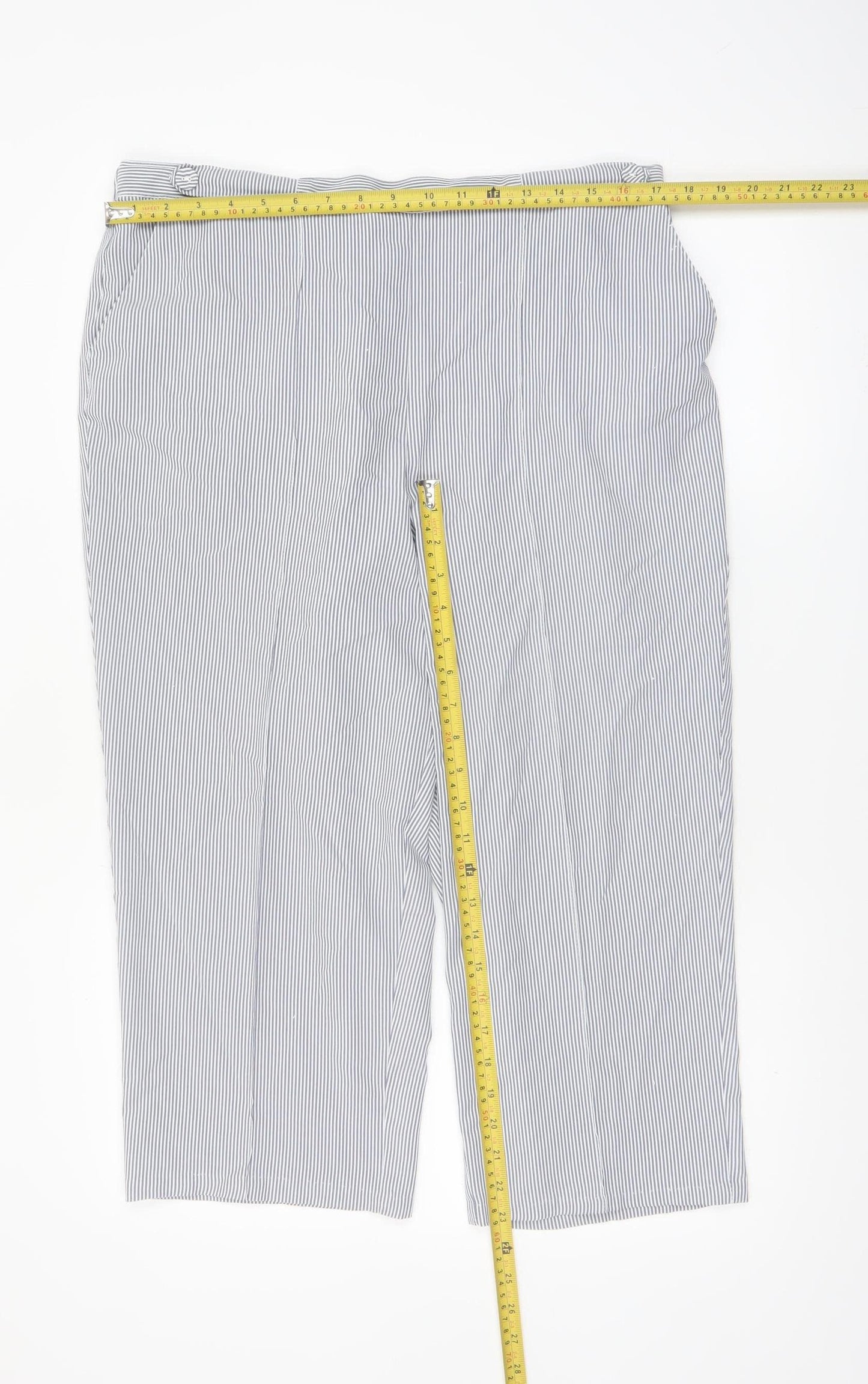 Bm Womens Blue Striped Cropped Trousers Size 16 Elastic Waist Polyester
