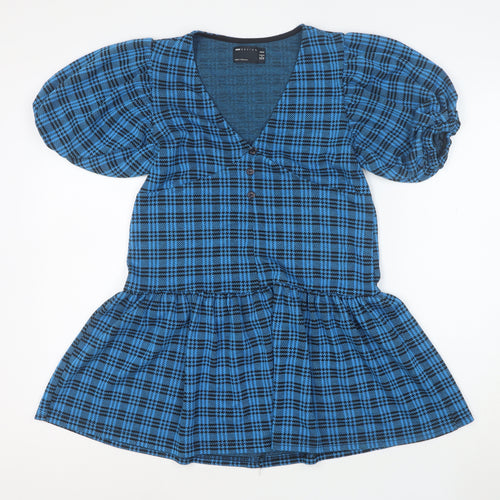 ASOS Design Women's Blue Check Puff Sleeve Skater Dress Size 8