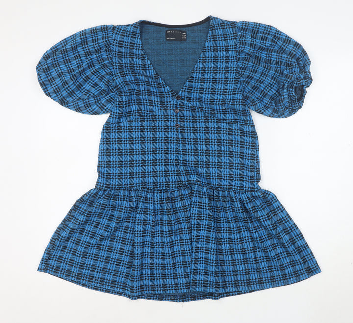 ASOS Design Women's Blue Check Puff Sleeve Skater Dress Size 8