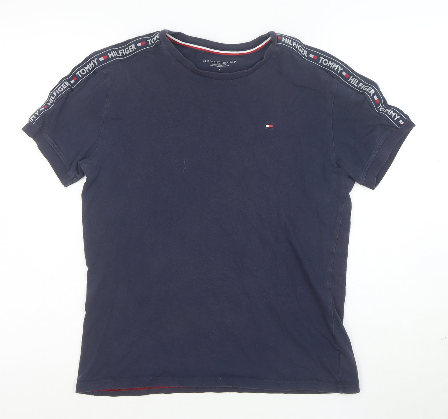 Tommy Hilfiger Men Navy Blue Short Sleeve Logo Tape Cotton T-Shirt S