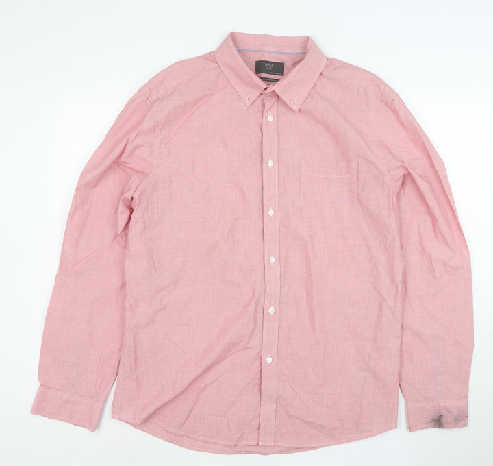 Marks and Spencer Men's Pink Button-Down Long Sleeve Cotton Shirt XL
