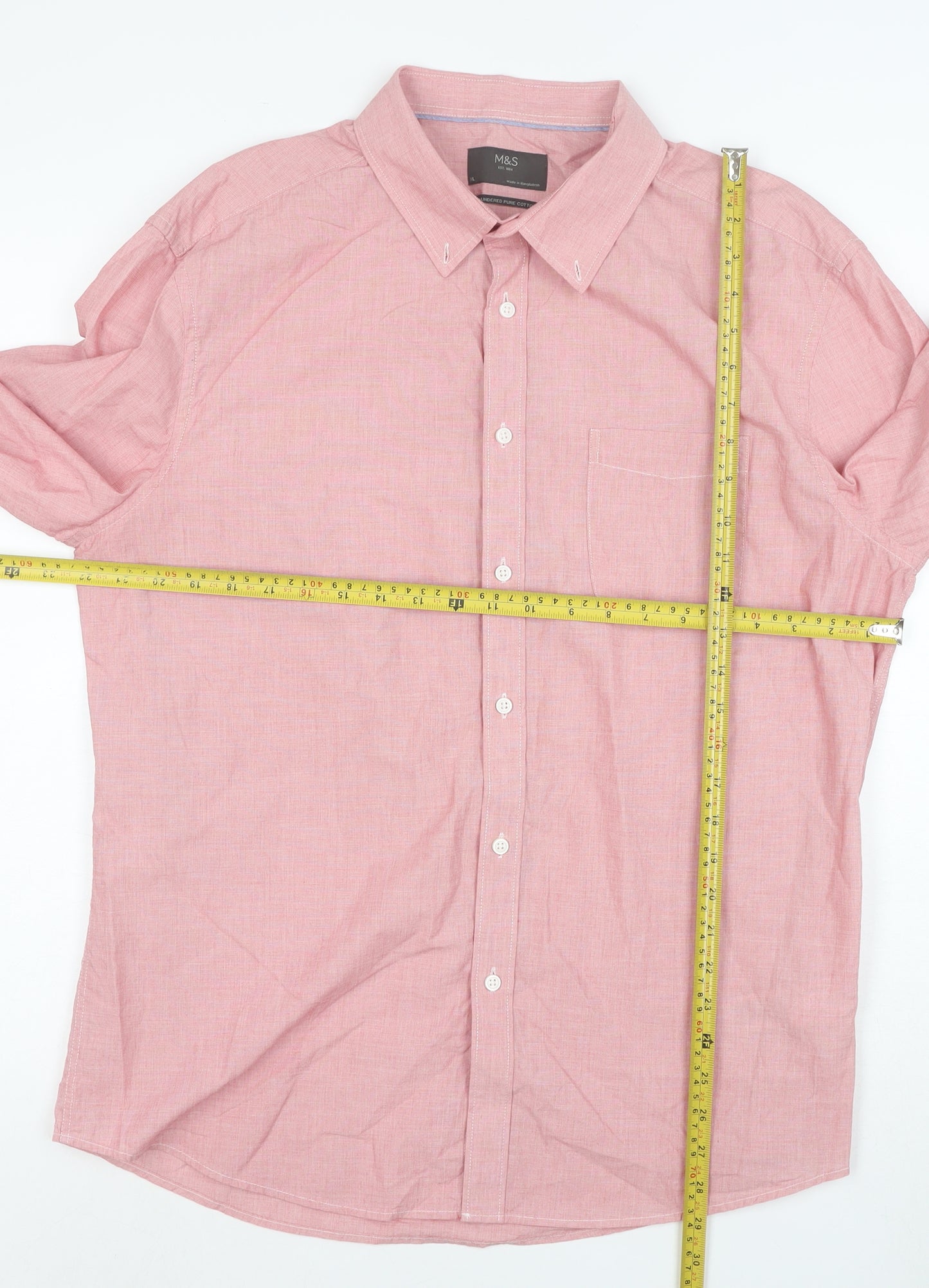 Marks and Spencer Men's Pink Button-Down Long Sleeve Cotton Shirt XL