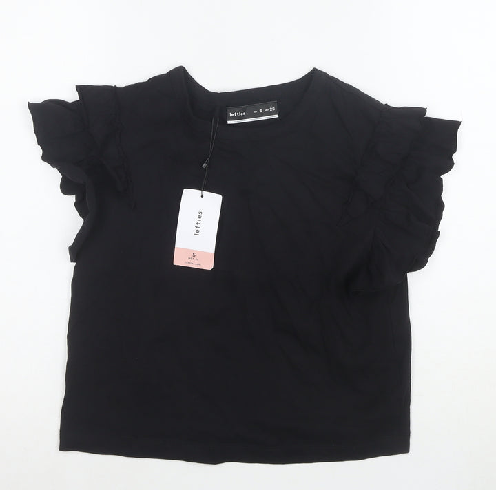 Lefties Womens Black Ruffle Short Sleeve Cotton T-Shirt Size S