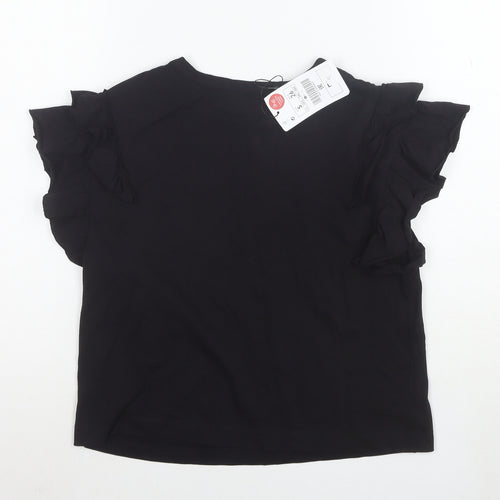 Lefties Womens Black Ruffle Short Sleeve Cotton T-Shirt Size S