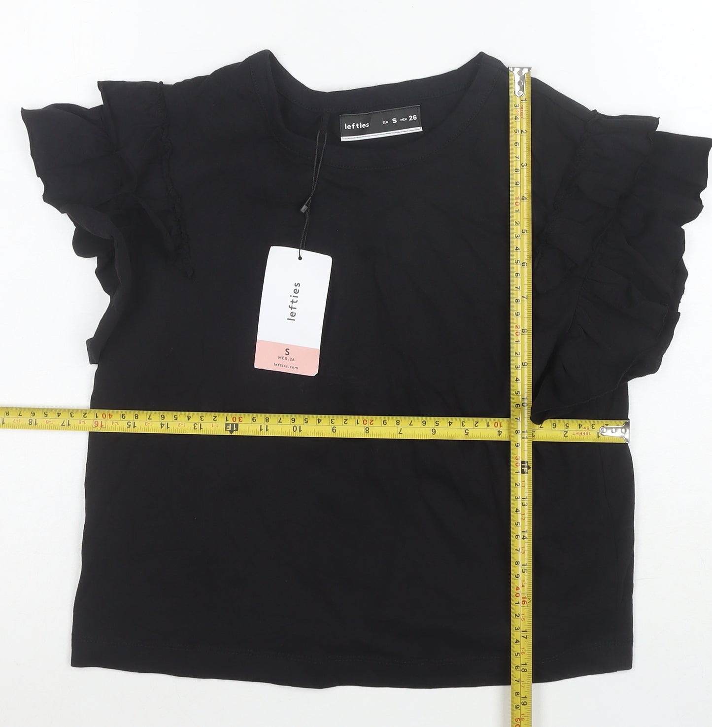 Lefties Womens Black Ruffle Short Sleeve Cotton T-Shirt Size S