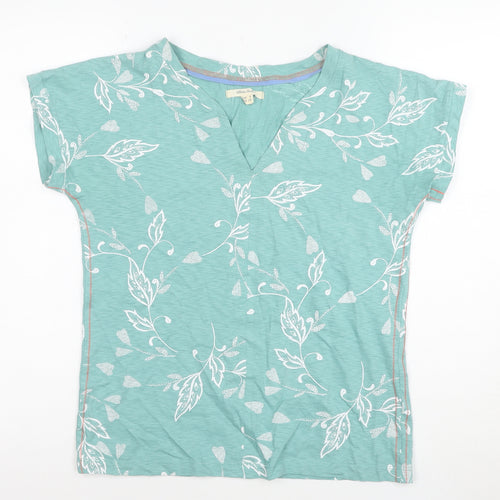 White Stuff Womens Green Floral V-Neck Cotton T-Shirt Size 8