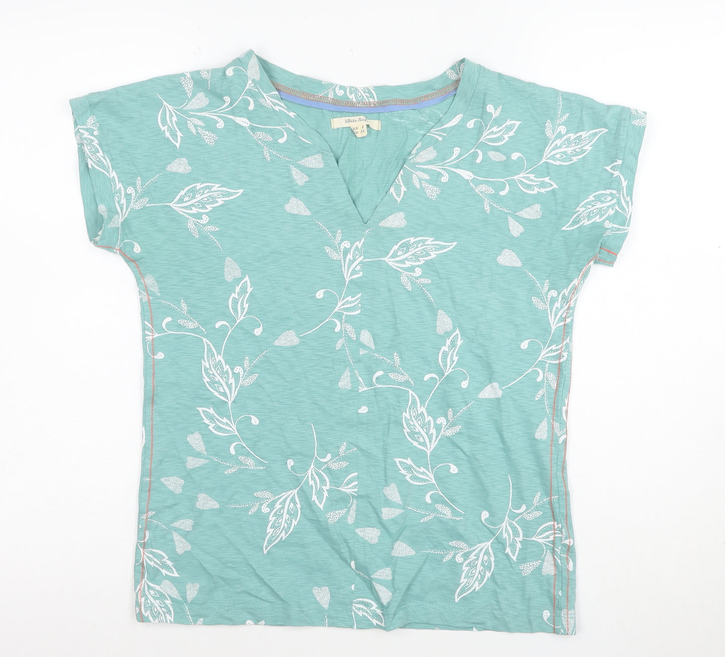 White Stuff Womens Green Floral V-Neck Cotton T-Shirt Size 8