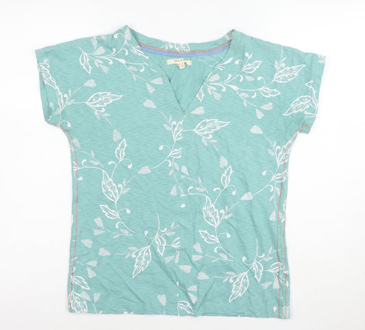 White Stuff Womens Green Floral V-Neck Cotton T-Shirt Size 8