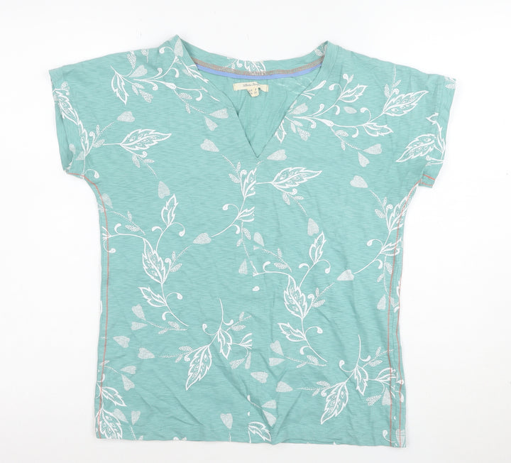 White Stuff Womens Green Floral V-Neck Cotton T-Shirt Size 8