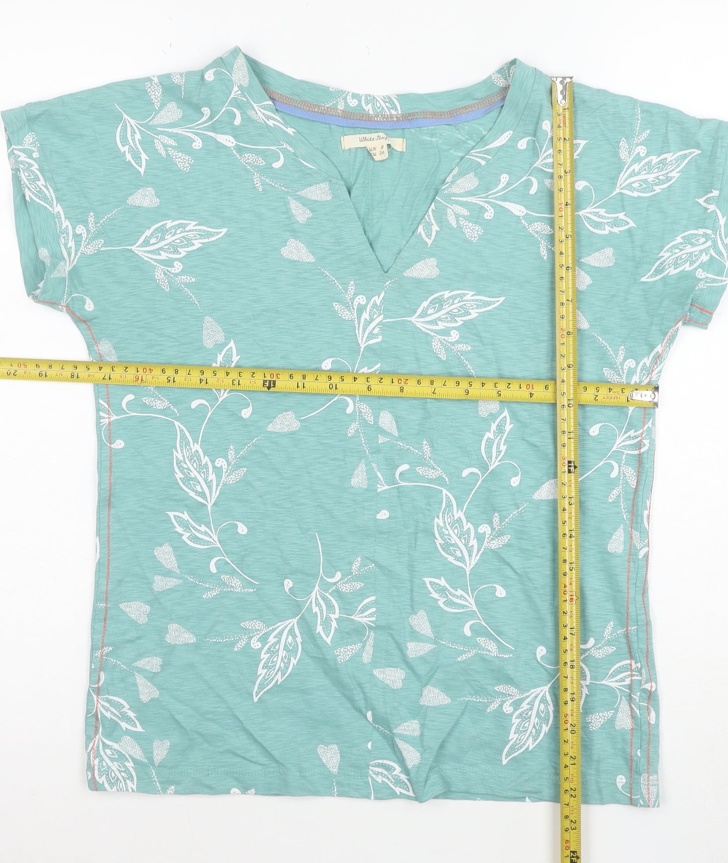 White Stuff Womens Green Floral V-Neck Cotton T-Shirt Size 8