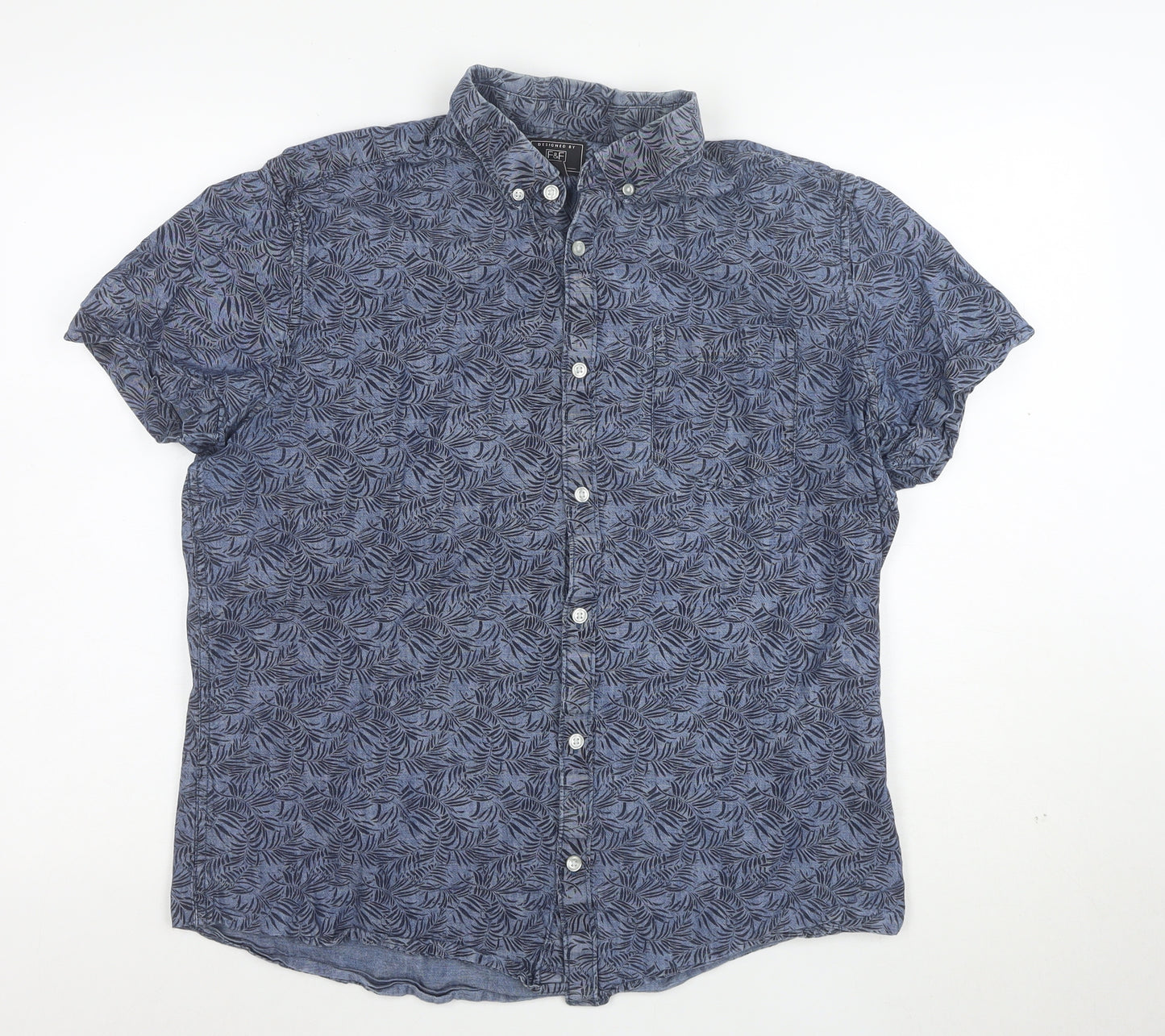 F&F Men’s Blue Cotton Short Sleeve Button-Up Shirt L