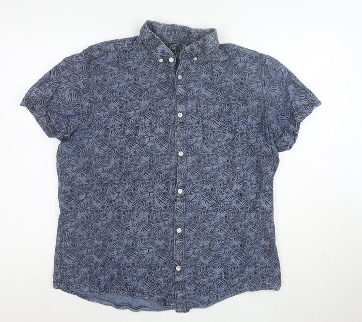 F&F Men’s Blue Cotton Short Sleeve Button-Up Shirt L