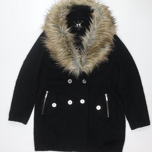Lipsy London Women Black Faux Fur Collar Wool Blend Pea Coat UK 14