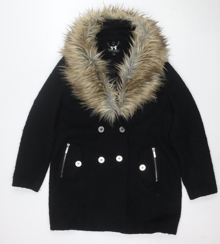 Lipsy London Women Black Faux Fur Collar Wool Blend Pea Coat UK 14