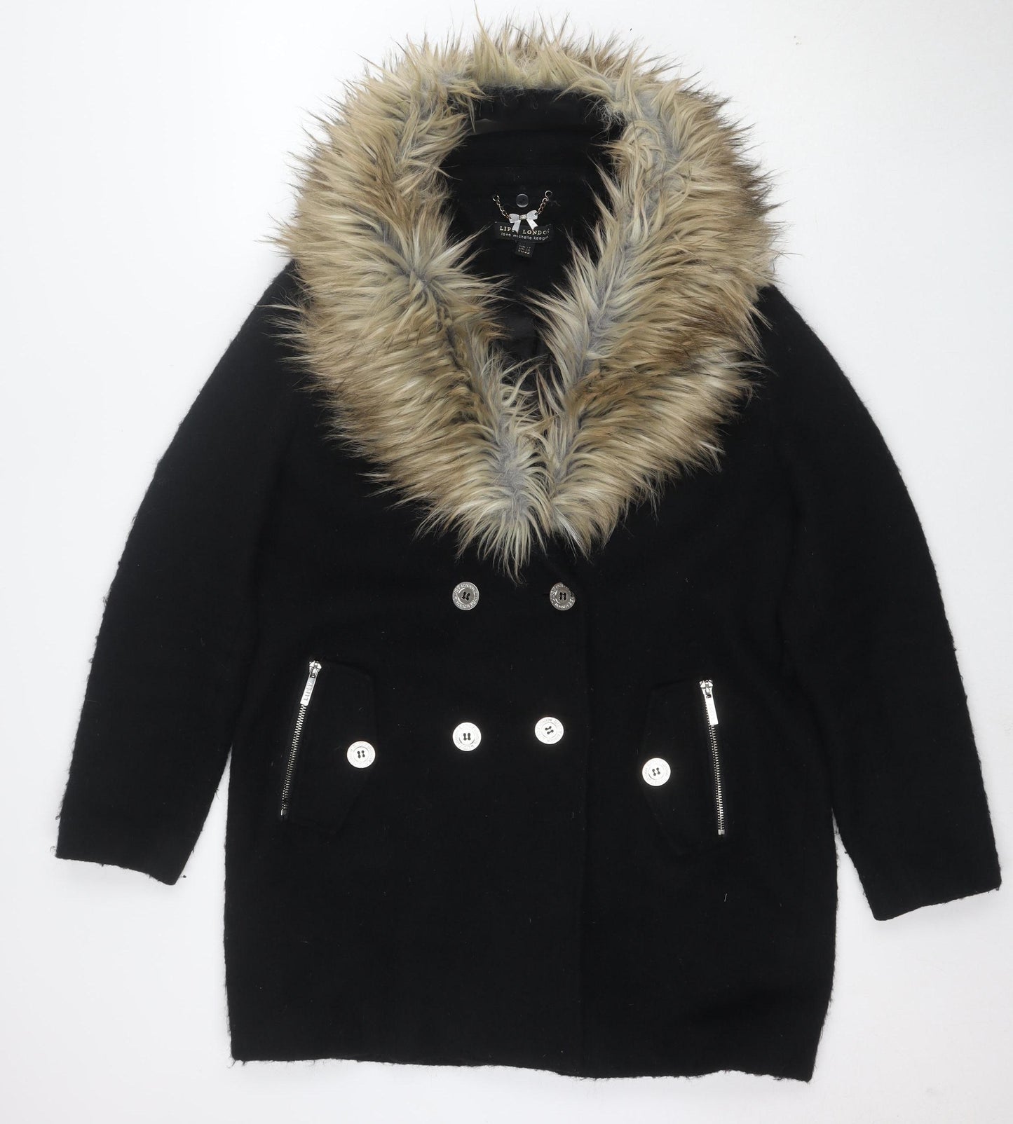 Lipsy London Women Black Faux Fur Collar Wool Blend Pea Coat UK 14