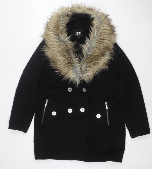 Lipsy London Women Black Faux Fur Collar Wool Blend Pea Coat UK 14