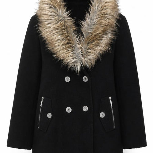 Lipsy London Women Black Faux Fur Collar Wool Blend Pea Coat UK 14