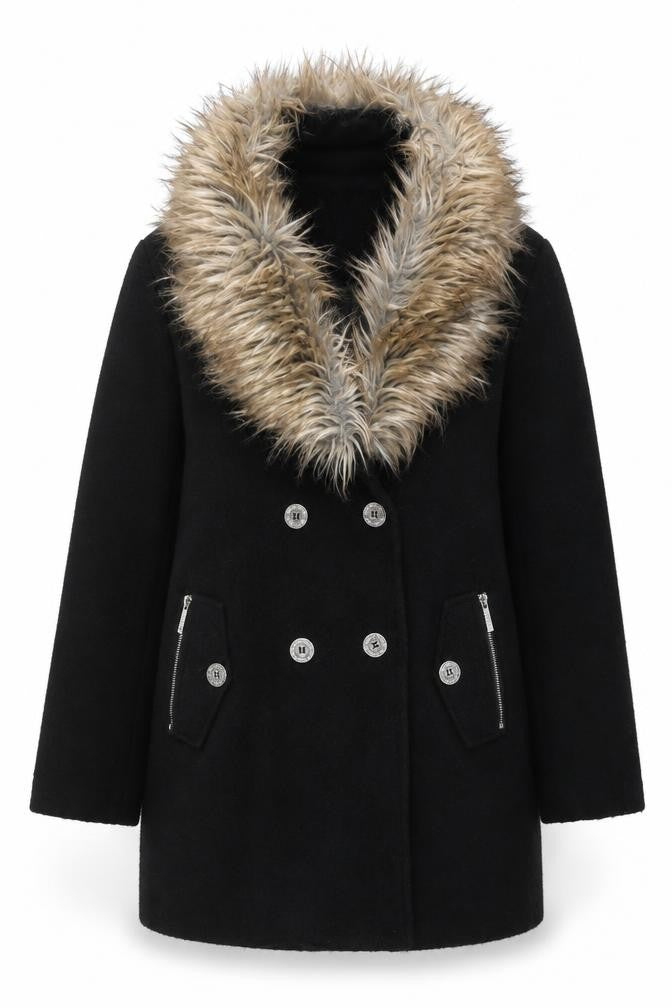 Lipsy London Women Black Faux Fur Collar Wool Blend Pea Coat UK 14