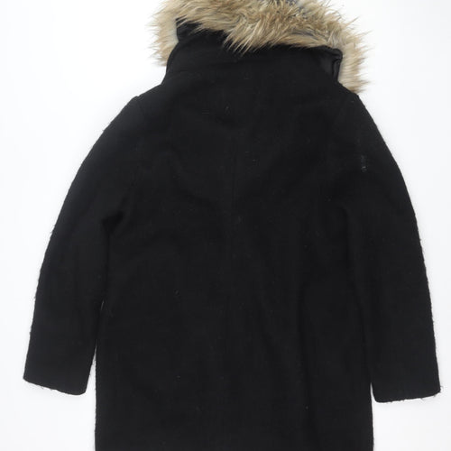 Lipsy London Women Black Faux Fur Collar Wool Blend Pea Coat UK 14