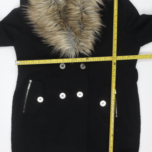 Lipsy London Women Black Faux Fur Collar Wool Blend Pea Coat UK 14