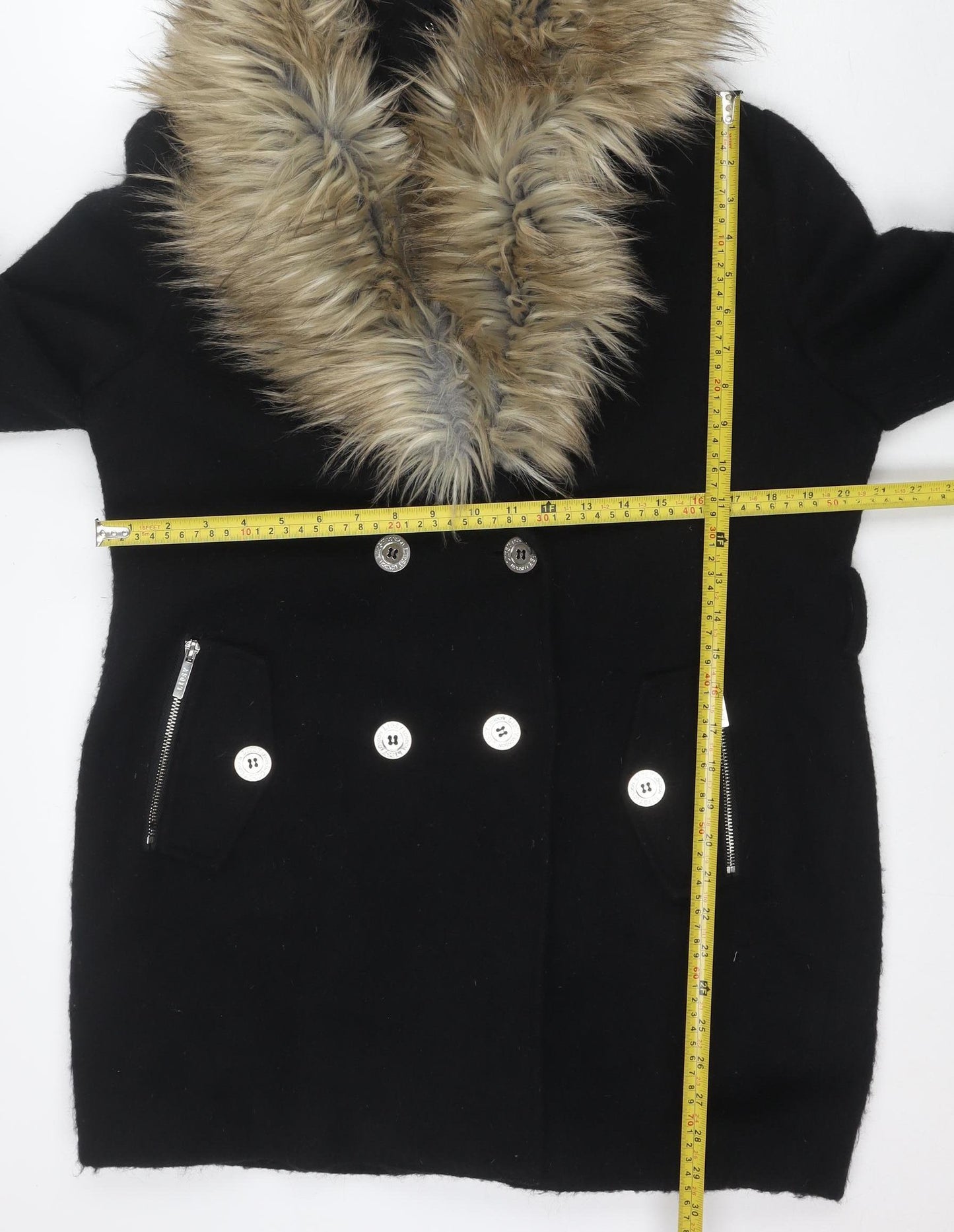 Lipsy London Women Black Faux Fur Collar Wool Blend Pea Coat UK 14