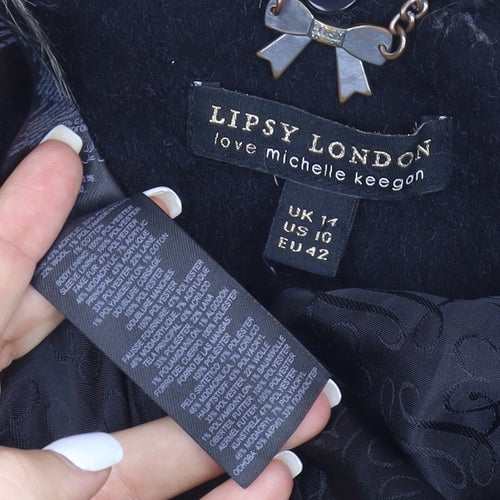 Lipsy London Women Black Faux Fur Collar Wool Blend Pea Coat UK 14