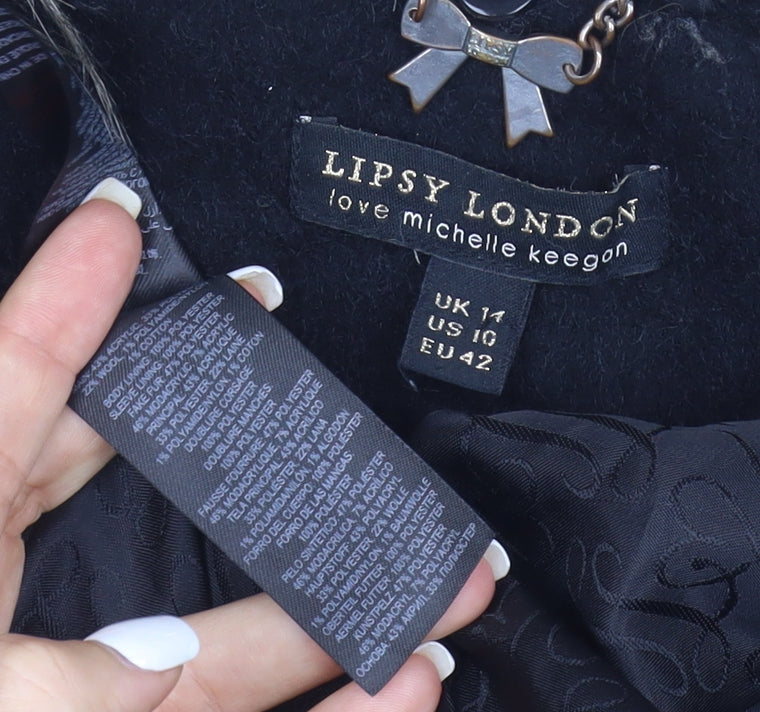 Lipsy London Women Black Faux Fur Collar Wool Blend Pea Coat UK 14