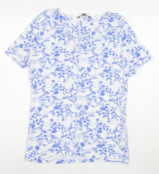 Bonmarche Women's Blue Floral Cotton V-Neck T-Shirt Size 16